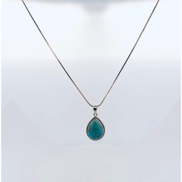 Vintage 925 Sterling Silver Turquoise Teardrop Pendant Necklace 20” Estate - Picture 1 of 10